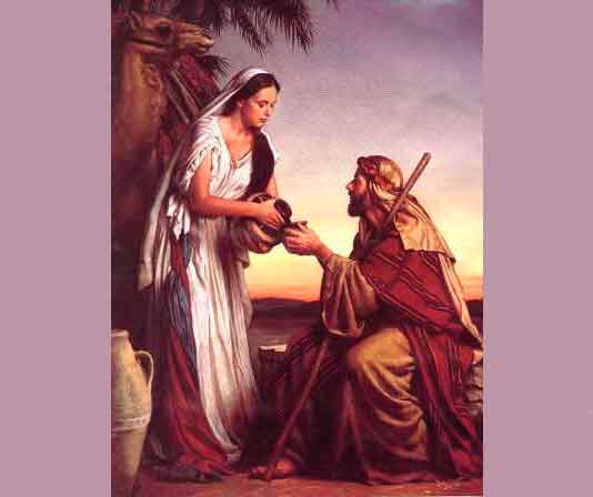 Isaque e Rebeca - Ilustração retrata cena da história de amor da Biblia