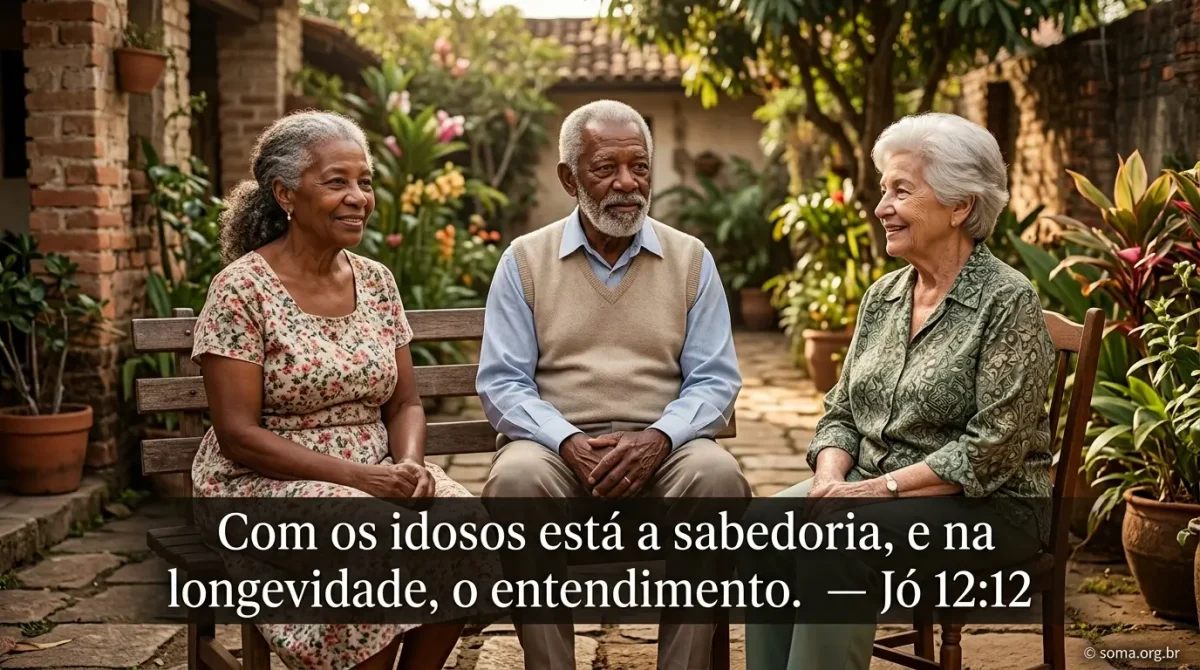 Três idosos reunidos conversando com a citação 'Com os idosos está a sabedoria', ideal para uma reflexão bíblica para idosos.