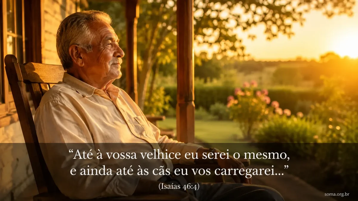 Homem idoso na varanda olha pra bela paisagem e faz sua reflexão bíblica.