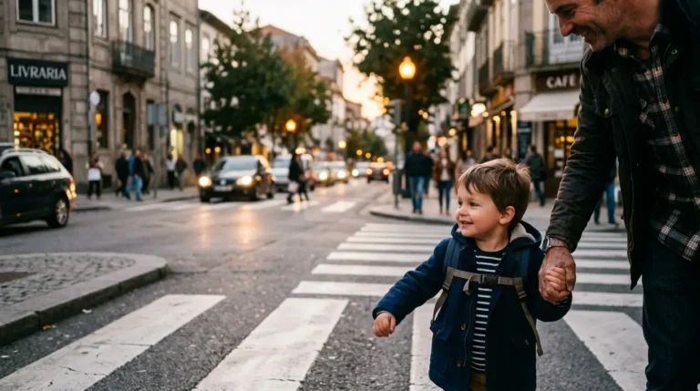 Mão de uma criança segurando com firmeza a mão de um adulto enquanto atravessam uma rua, simbolizando a fé simples, a confiança em Deus e a proteção do Pai.