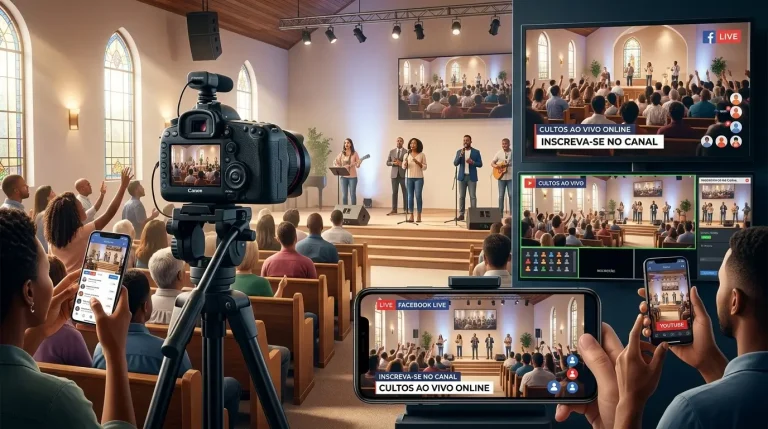 Vista de um culto em progresso em um templo acolhedor, com câmera e microfones profissionais configurados para a transmissão online em primeiro plano. Uma tela gigante e dispositivos móveis mostram as transmissões ao vivo com ícones de redes sociais, ilustrando a fusão de experiências físicas e digitais de adoração.