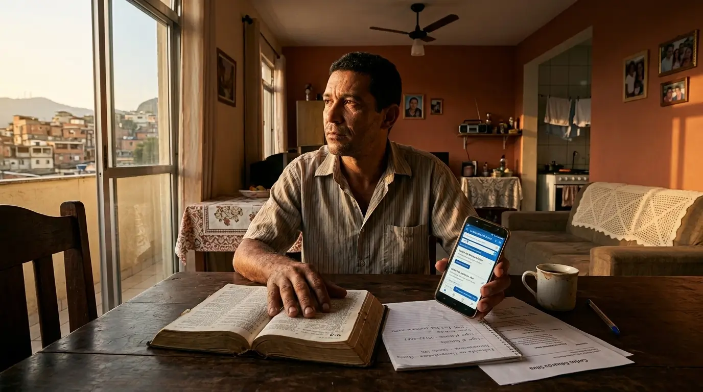 Um homem brasileiro desempregado, sentado à mesa de jantar, olha para a janela, onde a luz do pôr do sol brilha.