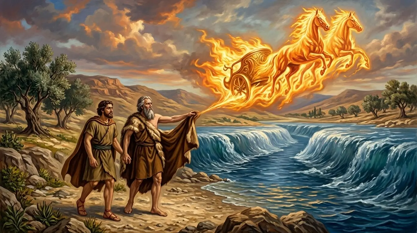A imagem representa os dois profetas juntos, de forma fiel ao relato bíblico de 2 Reis 2. Ela captura o momento em que eles atravessam o Rio Jordão em terra seca, logo antes de Elias ser levado aos céus. A carruagem de fogo está visível no céu, e o Manto de Elias, que seria passado para Eliseu, está em destaque.
