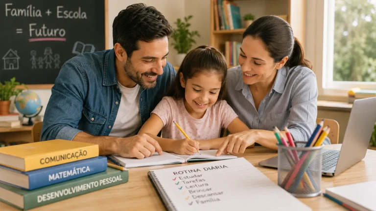 Pai, mãe e filha estudando juntos em casa, fortalecendo a parceria entre família e escola