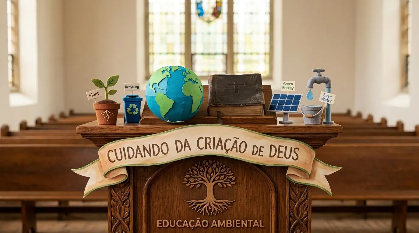 Bíblia aberta em uma mesa de madeira ao ar livre ao lado de uma pequena muda de planta e outros símbolos da defesa do meio ambiente.