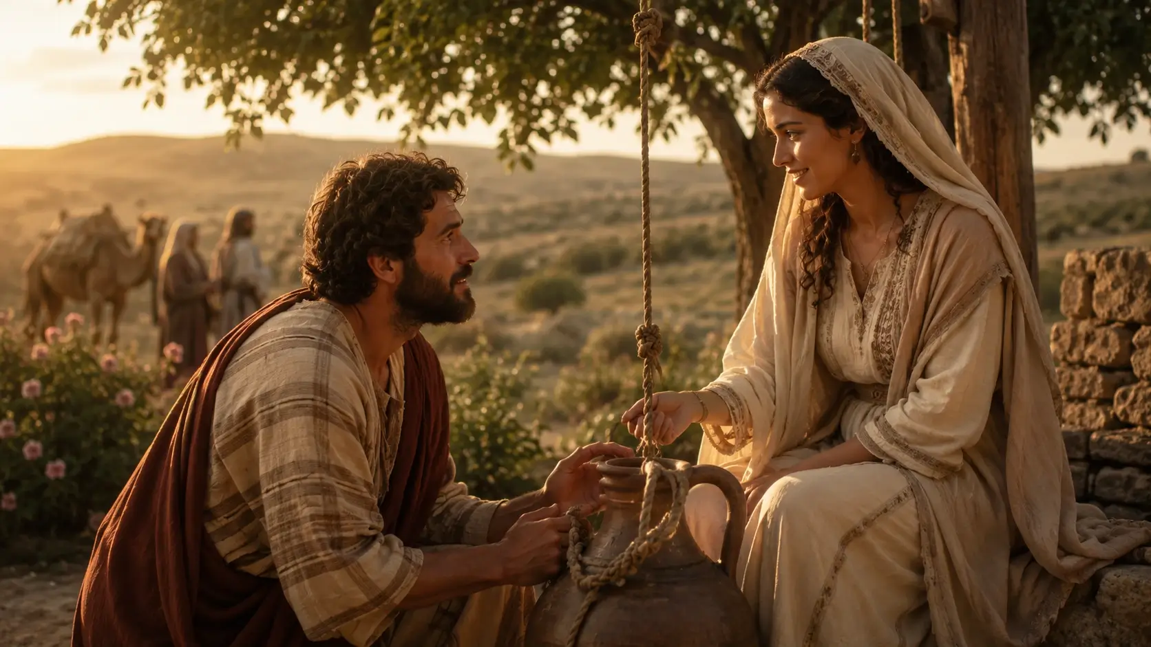 Cena de carinho entre casal Isaque e Rebeca: lições bíblicas de Gênesis 24 sobre namoro, casamento, espera e a vontade de Deus