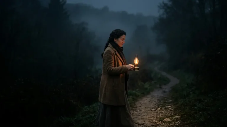 Mulher caminhando à noite com uma lâmpada iluminando o caminho, representando Salmos 119:105