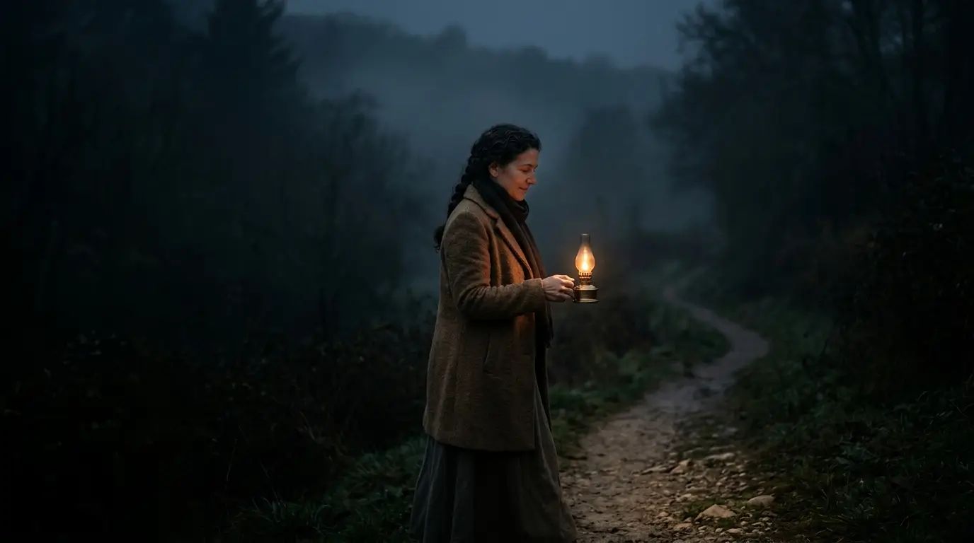 Mulher caminhando à noite com uma lâmpada iluminando o caminho, representando Salmos 119:105