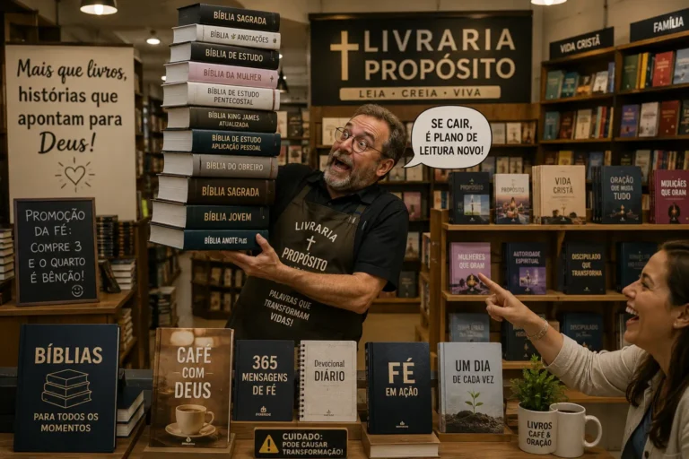 Livraria cristã com Bíblias, livros e materiais de leitura em exposição nas prateleiras.