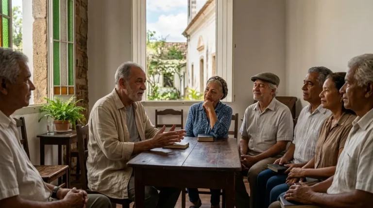 Grupo de idosos latinos em uma reunião respeitosa e tranquila em um ambiente religioso, ouvindo um líder que compartilha ensinamentos.