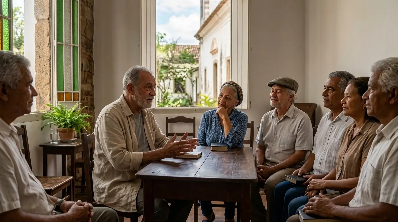 Grupo de idosos latinos em uma reunião respeitosa e tranquila em um ambiente religioso, ouvindo um líder que compartilha ensinamentos.