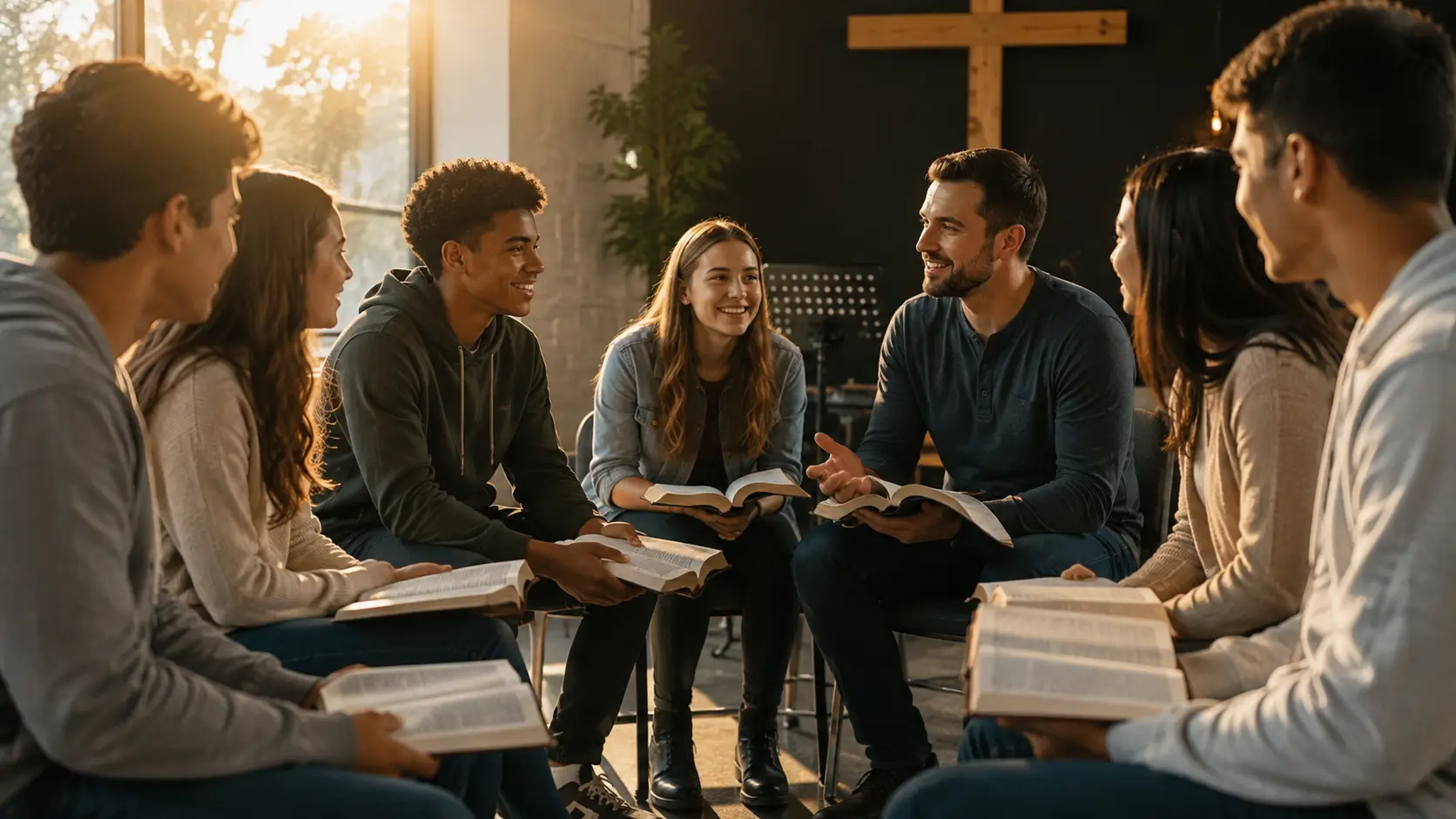 Grupo de adolescentes cristãos e líderes reunidos em círculo conversando com Bíblias abertas.