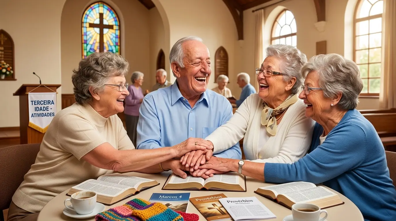 Grupo de idosos sorrindo e conversando durante uma atividade do trabalho com terceira idade na igreja.