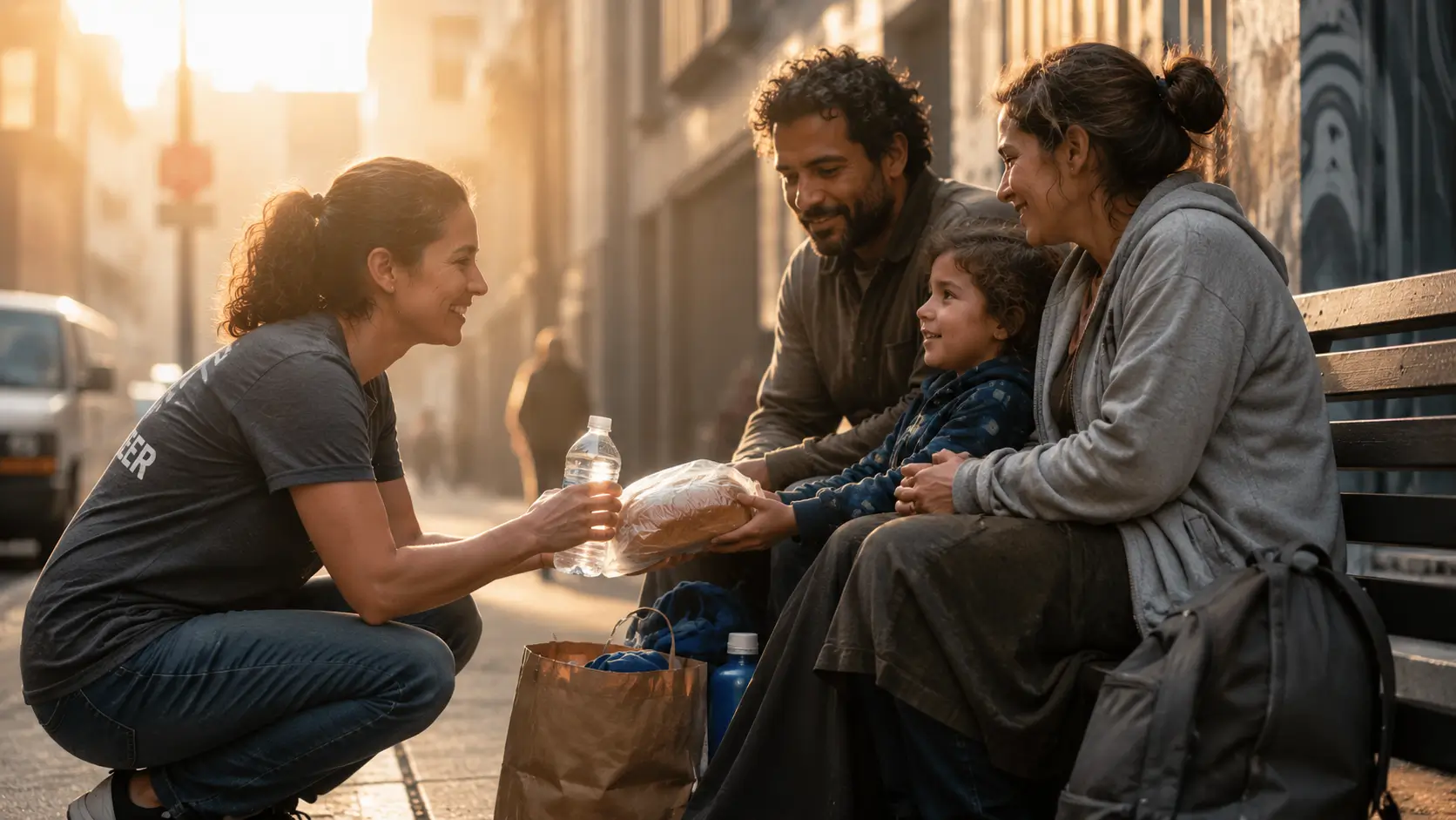 Voluntária ajoelhada oferece água e pão a uma família sentada em um banco de rua, em uma cena de cuidado e esperança iluminada pelo sol da manhã.