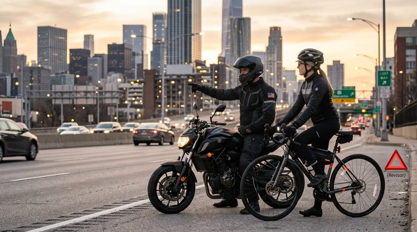 Cena urbana ao amanhecer em uma via de grande cidade nos EUA. Em primeiro plano, detalhes de um ciclista e um motociclista equipados (capacete e roupas de proteção), visualizados lateralmente em um momento de parada segura no acostamento.