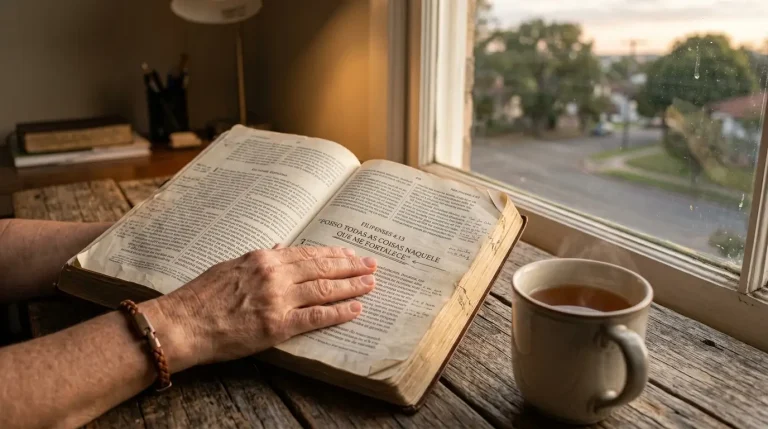 Uma fotografia em close-up de uma Bíblia aberta em uma mesa de madeira desgastada ao lado de uma janela ao anoitecer, com a luz do sol poente destacando o versículo Filipenses 4:13, sublinhado em português: 'POSSO TODAS AS COISAS NAQUELE QUE ME FORTALECE'. Uma mão repousa suavemente sobre a página, transmitindo paz e resiliência.