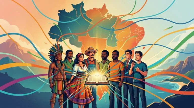 Ilustração de oito pessoas representantes dos segmentos menos evangelizados no Brasil ao redor de uma Bíblia aberta e iluminada, com o mapa do país ao fundo.
