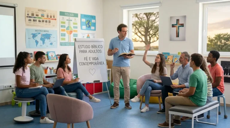ala de aula de EBD para adultos com professor lecionando. No quadro branco, está escrito o tema da aula em português: "ESTUDO BÍBLICO PARA ADULTOS: FÉ E VIDA CONTEMPORÂNEA". O grupo, composto por jovens e adultos, está engajado, com uma aluna participando ativamente.