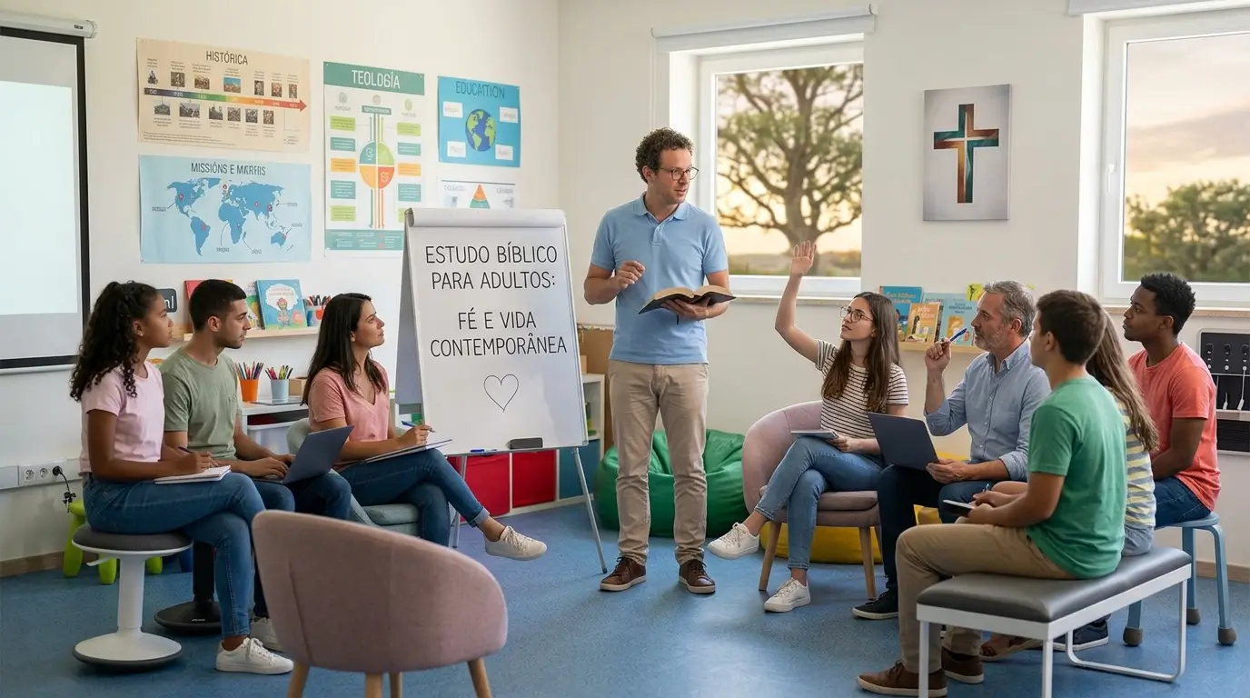 ala de aula de EBD para adultos com professor lecionando. No quadro branco, está escrito o tema da aula em português: "ESTUDO BÍBLICO PARA ADULTOS: FÉ E VIDA CONTEMPORÂNEA". O grupo, composto por jovens e adultos, está engajado, com uma aluna participando ativamente.