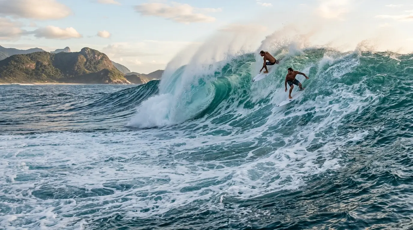 Dois surfistas pegando onda: curtindo e pensando na ideia de acao social pelas crianças...
