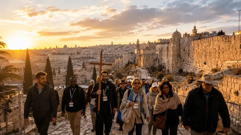 Grupo de peregrinos caminhando ao amanhecer perto das muralhas históricas de Jerusalém.