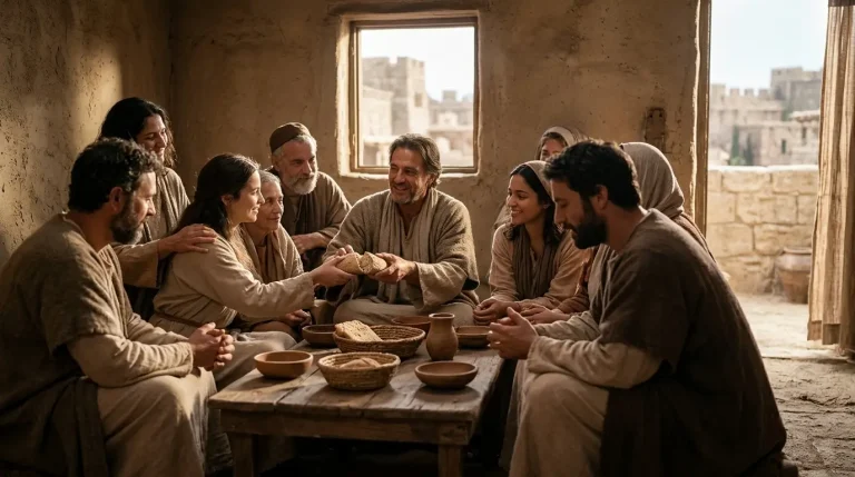 Ilustração da vida comunitária da igreja primitiva em Atos 2:42, capturando o momento de comunhão e a partilha do pão em um ambiente acolhedor e historicamente plausível.