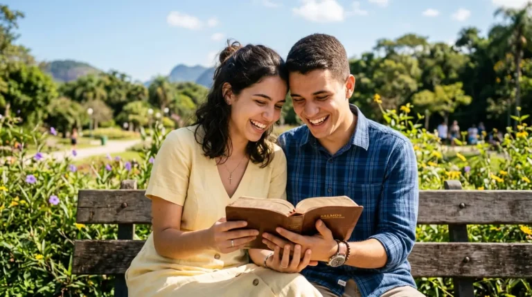 Casal de jovens namorados sorrindo e segurando uma Bíblia juntos ao ar livre em um dia ensolarado.